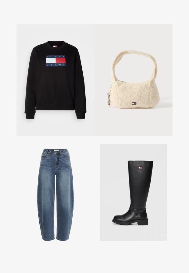 Schwarzer Sweatshirt mit Rundhalsausschnitt, mit einem rechteckigen Logo in Blau, Rot und Weiß, das "TOMMY JEANS" liest. Weicher Stoff, lässiger Schnitt.; Hoch taillierte, locker sitzende blaue Jeans aus Denim, mit Knopfverschluss, fünf Taschen und dezenter Ausbleichung des Stoffes.; Schwarze knielange Stiefel aus glattem Leder mit einer strukturierten Gummisohle, versehen mit einem kleinen Logoschild in Rot, Weiß und Blau.; Handtasche in Cremefarbe aus weichem, strukturiertem Material mit geschwungenem Träger, rundlicher Form, Reißverschluss und Markenlogo-Akzent.