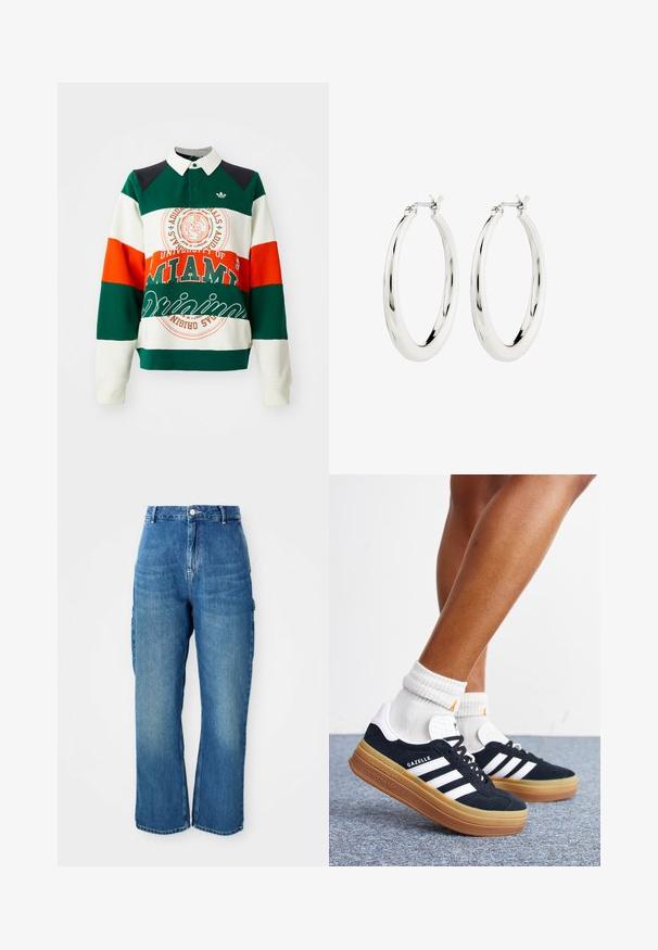 Zelený, biely a oranžový pruhovaný sveter s golierom. Má logo Univerzity Miami a text, ako aj emblem trefoil Adidas.; Jeany z modrého denimu s vysokým pásom, rovného strihu, s predným zapínaním na gombík a zips, a bočnými cargo vreckami na bielom pozadí.; Nohy v bielych ponožkách a čiernych teniskách Adidas Gazelle s bielymi pruhmi a hrubými hnedými podrážkami na sivom koberci.; Strieborné kruhové náušnice s hladkým, lesklým povrchom. Obľúbený tvar, vybavené bezpečným zapínaním. Jednoduchý a elegantný dizajn.