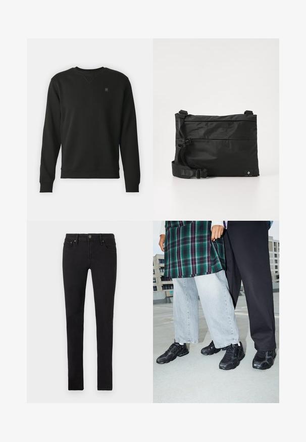 Zwarte sweatshirt met lange mouwen, ronde hals, geribde manchetten en zoom, voorzien van een klein logo aan de linkerkant van de borst. Zachte textuur van de stof.; Zwarte slim-fit jeans met vijf zakken, knoopsluiting en riemlussen, plat weergegeven op een witte achtergrond.; Zwarte sportieve schoenen met mesh- en rubberaccenten. Draagt een lichtgrijze wijde spijkerbroek en een groen geruit shirt. Effen achtergrond.; Zwarte nylon boodschappentas met verstelbare riem, plat ontwerp en een zijlabel met een logo. Soepele textuur en minimalistische stijl.