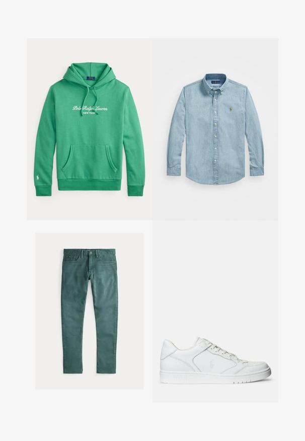 Grøn hættetrøje med lomme foran, "Polo Ralph Lauren New York" hvid tekst på brystet og lille hvidt logo på venstre ærmekant.; Lyseblå langærmet denimskjorte med knaplukket krave, knapper foran og lille broderet logo på venstre bryst.; Grønne bomuldsjeans med slim fit. Har to frontlommer, lynlåsåbning og kontrasterende syninger. Glat tekstur, ensartet farve.; Hvide lædersneakers med en glat tekstur, der har en perforeret tå, snørebåndslukning og broderet logo på siden. Hvid gummisål.