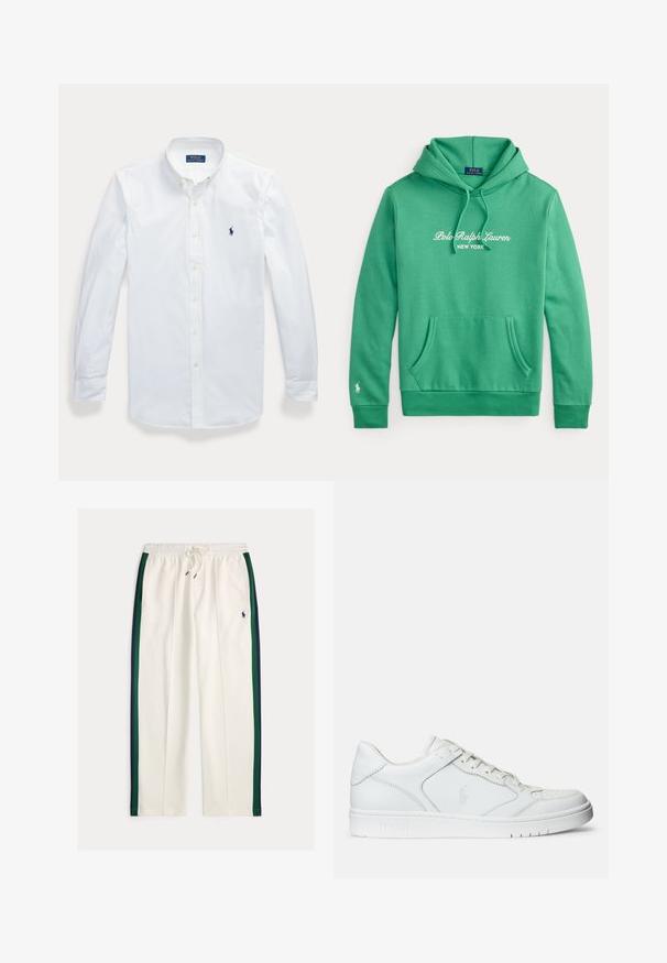 Zelená mikina s kapucňou a predným vreckom, "Polo Ralph Lauren New York" biely text na hrudi a malé biele logo na manžete ľavého rukáva.; Biela košeľa s dlhým rukávom, gombíkmi a golierom, vyšívané logo Polo Ralph Lauren na ľavej strane hrude.; Biele tepláky so sťahovacou šnúrkou, námorníckymi modrými a zelenými bočnými pruhmi a malým námorníckomodrým logom hráča póla na pravom stehne.; Biele kožené tenisky s hladkým povrchom, obsahujúce perforovanú špičku, šnúrkové uzatvorenie a vyšívané logo na boku. Biela gumová podrážka.