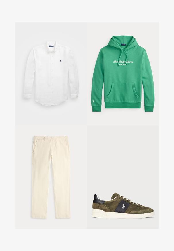 Roheline kapuutsiga dressipluus esikotiga, "Polo Ralph Lauren New York" valge tekst rinnal ja väike valge logo vasaku varruka mansetil.; Valge pikavarrukaga puuvillane särk, millel on nööpidega kaelus, vasakul rinnal väike tumesinine logo ja klassikaline nööpide sulgemine.; Kreemikas sirge jalaosaga püksid vöö aasade ja küljetaskutega, esitatud tasaselt heledal taustal.; Olive rohe nahast tossud tumesinise aktsentpaneeliga, valged kingapaelad ja logo. Omab tekstureeritud pinda ja valget kummist tallat.