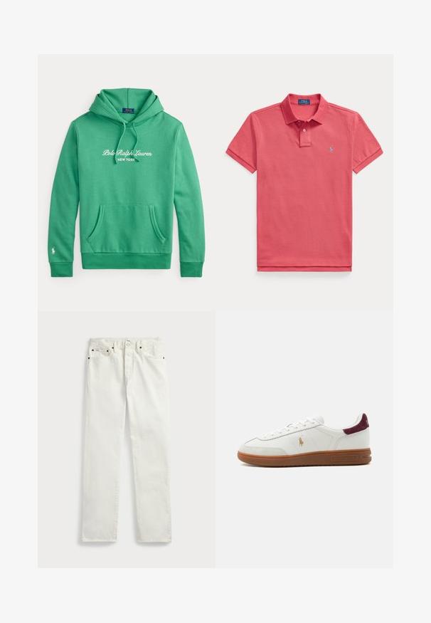 Groene capuchontrui met voorzak, "Polo Ralph Lauren New York" witte tekst op de borst en klein wit logo op de linkermouwboord.; Koraalroze polo met korte mouwen, kraag, knoopsluiting met twee knopen en een klein blauw geborduurd logo op de borst.; Witte denimjeans met een rechte pasvorm, voorzien van vijf zakken, metalen knopen en stiksels langs de naden. Gladde textuur.; Witte lage sneaker met bruine rubberen zool, gouden polo speler logo aan de zijkant, witte veters en bordeaux suède hieltab, merk Ralph Lauren.