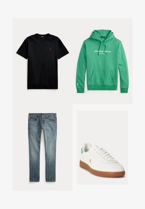 Zelená mikina s kapucňou a predným vreckom, "Polo Ralph Lauren New York" biely text na hrudi a malé biele logo na manžete ľavého rukáva.; Čierne bavlnené tričko s krátkymi rukávmi, okrúhlym výstrihom a malým červeným vyšívaným logom na ľavej hrudi. Hladká textúra, ležérny dizajn.; Modré džínsové nohavice s rovnými nohavicami, prednými vreckami, pútkami na opasok a zapínaním na gombíky.; Biely teniska na šnurovanie s hnedou gumovou podrážkou, zeleným pätovým pásikom a malým zlatým logom hráča póla na vonkajšej strane.