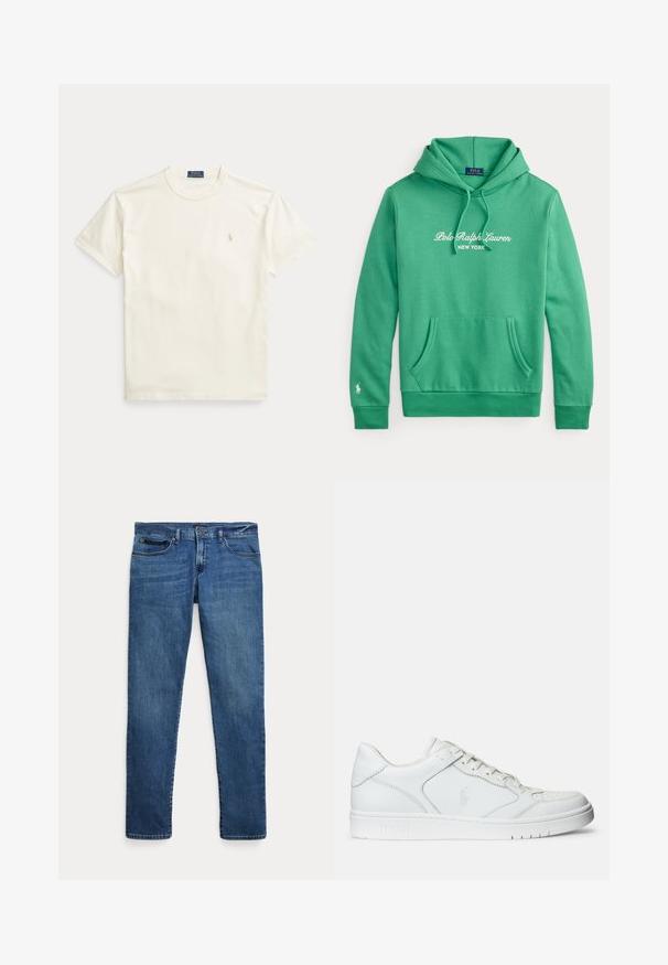 Zelená mikina s kapucňou a predným vreckom, "Polo Ralph Lauren New York" biely text na hrudi a malé biele logo na manžete ľavého rukáva.; Krémovo sfarbené bavlnené tričko s krátkymi rukávmi. Má jemne vyšívané logo na ľavej strane hrudníka a okrúhly výstrih.; Modré rifle z denimu s úzkym strihom, s prednými vreckami, očkami na opasok a zapínaním na gombík na bielom pozadí.; Biele kožené tenisky s hladkým povrchom, obsahujúce perforovanú špičku, šnúrkové uzatvorenie a vyšívané logo na boku. Biela gumová podrážka.