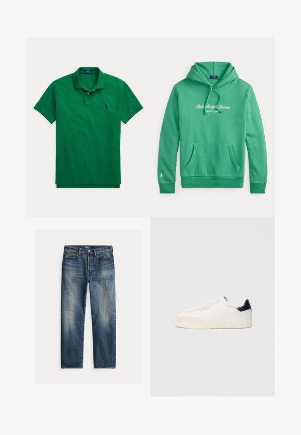Zelená mikina s kapucňou a predným vreckom, "Polo Ralph Lauren New York" biely text na hrudi a malé biele logo na manžete ľavého rukáva.; Zelené tričko polo s krátkym rukávom, golierom a dielcom na dva gombíky, s malým tmavomodrým vyšívaným logom na ľavej strane hrudníka.; Modré džínsové nohavice s voľným strihom, vyblednutým efektom, viditeľnými známkami opotrebenia, priamym strihom a tradičným zapínaním na gombíky.; Biele kožené tenisky s detailmi z semišu, vybavené čiernou pätovou záložkou, šnurovaním, perforovanými detailmi a nenápadným logom na boku.
