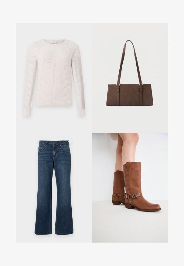 Lyse beige sweater lavet af strikket stof, med et bladmønster og ribkantede ærmer og nederkant. Rund hals og lange ærmer.; Mørkeblå jeans med vide ben og klassisk design med fem lommer, der har knaplukning og diskret falming. Fremstillet af denimstof.; Brune læderankelstøvler med en let spids tå, dekorative spænder og en lav stablet hæl. Glat tekstur med en mat finish.; Brun rektangulær skuldertaske med lange stropper og minimale syningsdetaljer på en ensfarvet baggrund.