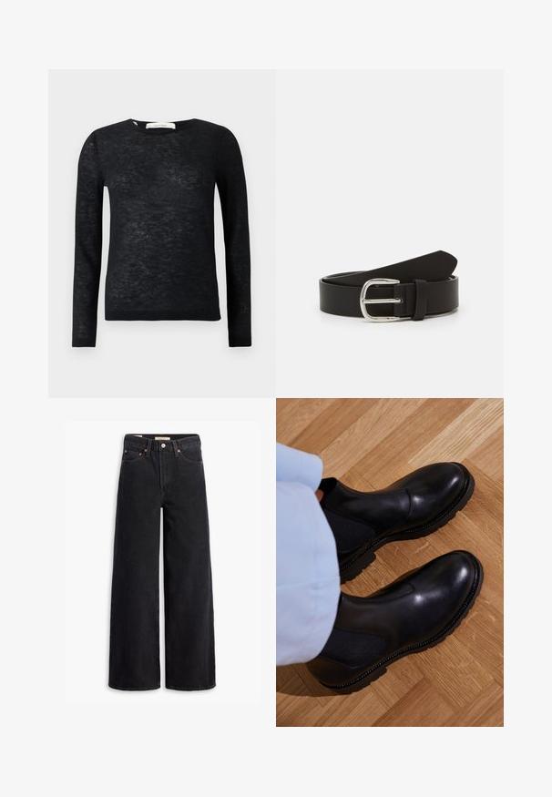 Schwarzer, transparenter, langärmliger, leichter Rundhals-Pullover mit feiner Strickstruktur sowie gerippten Bündchen und Saum.; Schwarze weite Jeans aus Denim mit fünf Taschen, Kupferrivets und einem klassischen Knopfverschluss. Glatte Textur mit einem klaren Design.; Schwarze Knöchelstiefel aus glattem Leder mit elastischen Seiteneinsätzen, einer strukturierten Gummisohle und kontrastierenden Nähten entlang der Kante.; Schwarzer Leder Gürtel mit glatter Textur, ausgestattet mit einer silbernen Metall-Schließe und einer zulaufenden Spitze. Einfaches, klassisches Design.