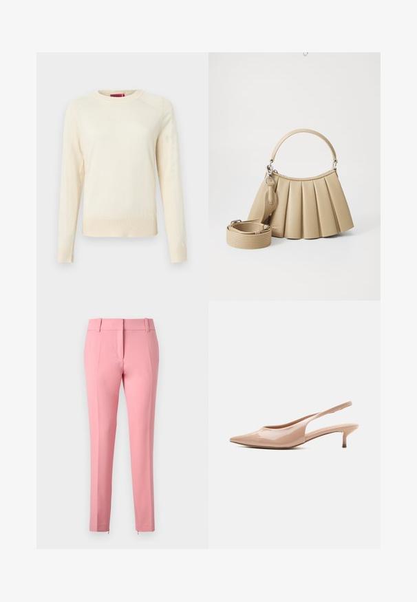 Kremfarvet trøje med lange ærmer, ribbet struktur ved manchetter og kant, samt en rund halsudskæring. Glat stof og minimalistisk design.; Rosa skræddersyede bukser med en glat tekstur, lige ben og en lynlåsdetalje ved kanten. Den har bæltestropper og et fladt frontdesign.; Beige patentlædersenden skobåndsandal med spids tå og lav kittenhæl, vist i profil mod en hvid baggrund.; Lacoste LENGLEN BAG - Håndtasker - viennois