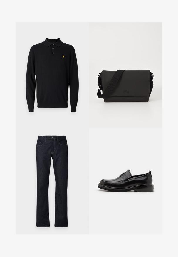 Zwarte lange mouwen polo shirt gemaakt van zachte stof. Bevat een klassieke kraag, een drieknoopsluiting en een klein geel vogellogo.; Donkerblauwe denim jeans met een recht silhouet, voorzien van de gebruikelijke vijf zakkenstijl en contrasterende stiksels met een knoopsluiting.; Calvin Klein MOCCASIN - Zakelijke loafers - black; Lacoste MESSENGER BAG MEN CLASSIC - Schoudertas - noir