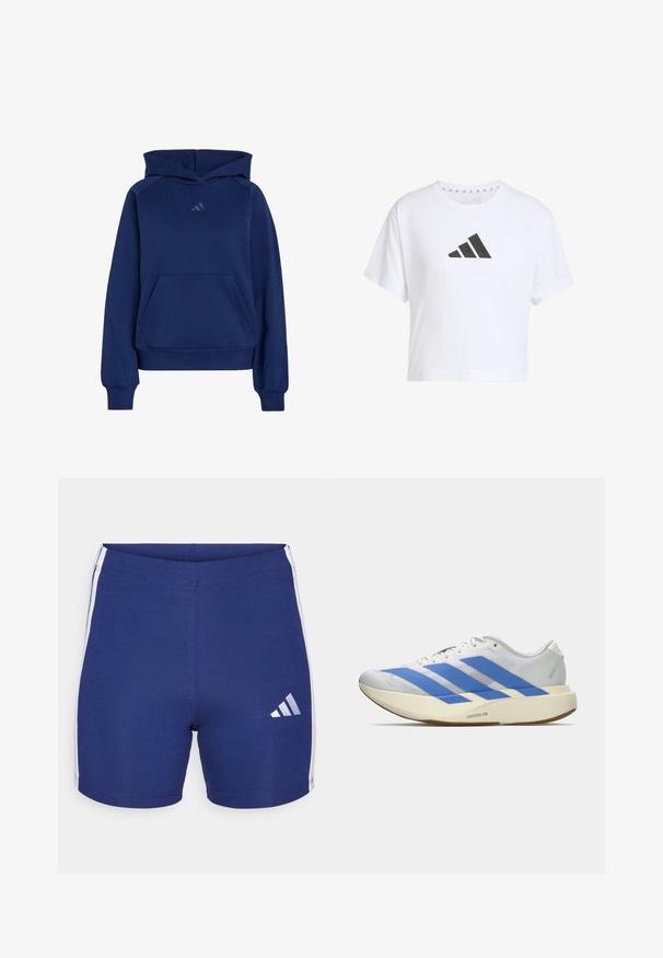 Sweat à capuche bleu marine à manches longues, poche kangourou devant, poignets et ourlet côtelés, et petit logo Adidas ton sur ton sur la poitrine.; T-shirt blanche cropped en coton avec un logo noir à trois bandes sur le devant, présentant des manches courtes et un col rond.; Shorts de sport bleu marine en tissu extensible avec des bandes latérales blanches et un logo Adidas réfléchissant sur la jambe gauche.; Chaussure de course blanche avec trois bandes bleues, semelle épaisse beige clair marquée "Lightstrike Pro," et lacets blancs sur un fond uni.