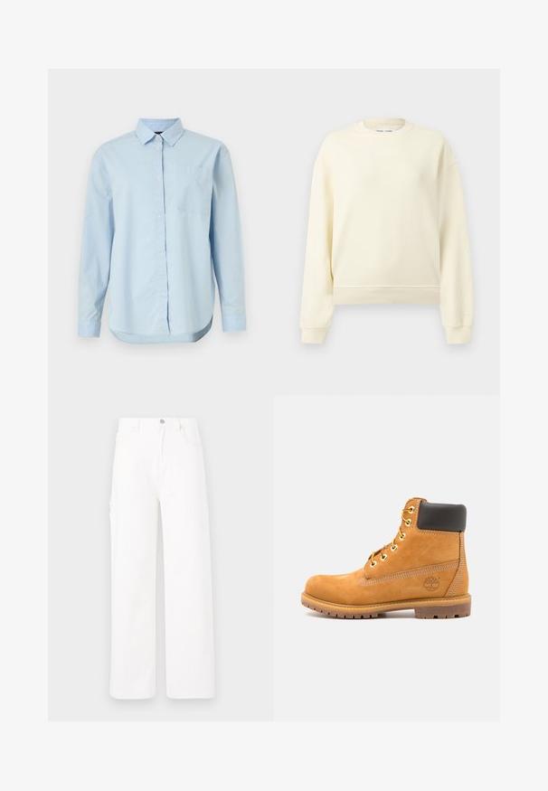 Sweat-shirt à col rond beige crème à manches longues avec poignets et ourlet côtelés, présenté sur un fond gris clair uni.; Chemise à manches longues bleu clair en coton, avec un col classique, une poche poitrine unique et un ourlet arrondi.; Pantalons en denim blanc avec un design à jambes larges, style classique à cinq poches et surface unie sans motifs ni embellissements.; Bottine en cuir marron avec rembourrage noir, œillets dorés et semelle texturée. Présente un logo circulaire sur le côté et des accents de couture.
