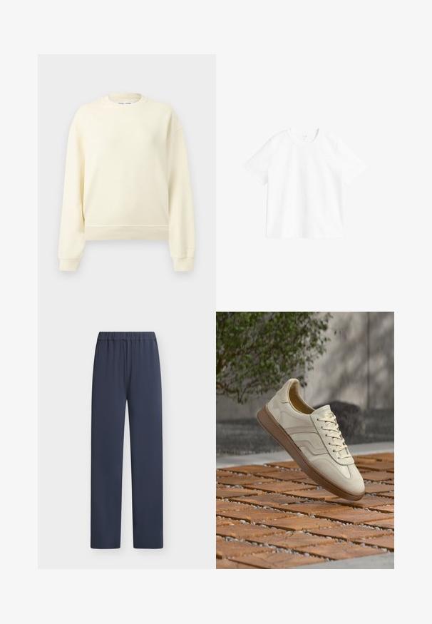 Sweat-shirt à col rond beige crème à manches longues avec poignets et ourlet côtelés, présenté sur un fond gris clair uni.; T-shirt blanc uni à manches courtes et col rond exposé sur un fond blanc, montrant la vue de face et des détails de couture minimaux.; Pantalon bleu marine droit, avec ceinture élastique, sans poches visibles ni ornements sur fond uni.; Baskets couleur crème avec une semelle extérieure en caoutchouc beige texturée, un design à lacets et un marquage subtil sur le côté. Tige en cuir lisse.