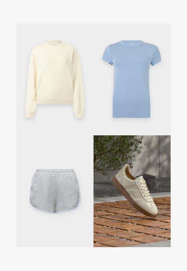 Sweat-shirt à col rond beige crème à manches longues avec poignets et ourlet côtelés, présenté sur un fond gris clair uni.; T-shirt bleu clair à manches courtes et col rond, design uni, présenté à plat sur un fond blanc.; Short de sport gris clair avec bordure blanche et taille élastique, posé à plat sur un fond blanc.; Baskets couleur crème avec une semelle extérieure en caoutchouc beige texturée, un design à lacets et un marquage subtil sur le côté. Tige en cuir lisse.
