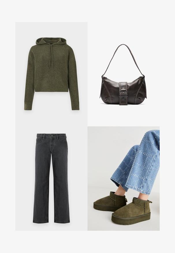 Gekürzte, olivgrüne Kapuzenjacke aus strukturiertem Stoff. Verfügt über eine verstellbare Kapuze sowie gerippte Bündchen und Saum. Lange Ärmel, einfaches Design.; Dunkelgraue Jeans mit weitem Bein aus Denim, ausgestattet mit einem Standardbund, fünf Taschen und Knopfverschluss. Glatte Textur und gleichmäßige Nähte.; Olivgrüne Wildleder-Ankle Boots mit einer dicken, strukturierten Sohle und einem Zugriemen. Kombiniert mit hellblauen, verzierten Jeans.; Braune Lederumhängetasche mit gebogener Form, die mit einem auffälligen Schnallendetail, kontrastierenden Nähten und einem einzigen Schulterriemen ausgestattet ist.