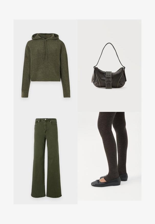 Afkortet, olivengrønt hættetrøje lavet af tekstureret stof. Har en snor i hætten og ribbede manchetter og kant. Lange ærmer, simpelt design.; Olivengrønne flared jeans lavet af bomuld, med høj talje, fem lomme-design, metalknap og stikninger langs sømmene.; Ben iført mørke ribbede leggings kombineret med sorte balletsko med små sløjfedetaljer på hvid baggrund.; Sort læder skuldertaske med spænde på remmen, afrundede kanter og kontrasterende hvide syninger på en ensfarvet baggrund.