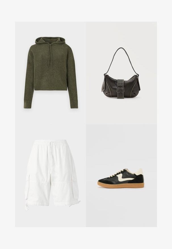 Gekürzte, olivgrüne Kapuzenjacke aus strukturiertem Stoff. Verfügt über eine verstellbare Kapuze sowie gerippte Bündchen und Saum. Lange Ärmel, einfaches Design.; Weiße Cargo-Shorts mit elastischem Bund und Kordelzug, ausgestattet mit zwei Seitentaschen und verstellbaren Saumkordeln. Hergestellt aus leichtem Stoff.; Schwarze Wildleder- und Leder-Sneaker mit einem cremefarbenen Seiten-Swoosh und einer hellcremefarbenen Ferse. Ausgestattet mit beige Schnürsenkeln und einer Gummilaufsohle.; Schwarze Leder-Schultertasche mit Schnallengurt-Detail, abgerundeten Kanten und kontrastierenden weißen Nähten auf schlichtem Hintergrund.