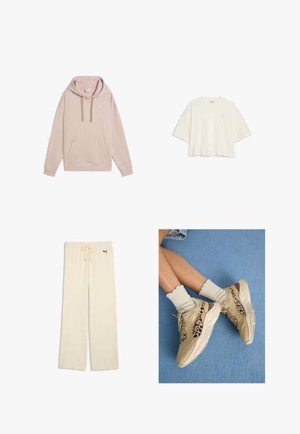 Sudadera rosa clara hecha de un tejido suave, con un bolsillo tipo canguro en la parte frontal, capucha con cordón y pequeño logo blanco en el lado izquierdo del pecho.; Camiseta corta de color crema claro, hecha de una tela suave, con mangas cortas y anchas, y un sutil logo de Puma en un color a juego en la parte delantera.; Pantalones anchos de canalé color crema con cintura de cordón y pequeño logo negro de Puma en la cadera derecha.; Piernas cruzadas con zapatillas Puma beige con rayas de estampado de leopardo y calcetines crema con volantes sobre una alfombra azul.