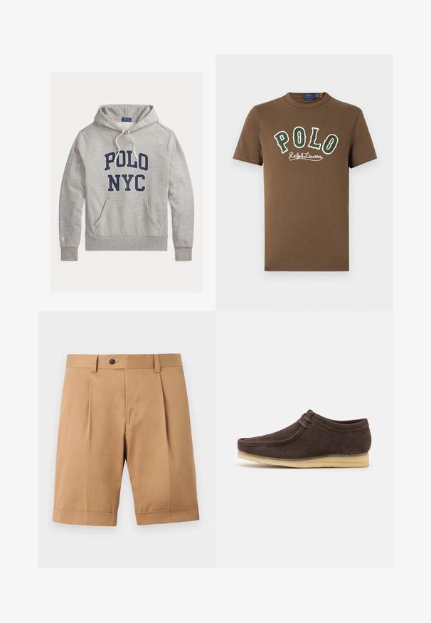 Hall hallipluus kapuutsiga, valmistatud pehme tekstuuriga kangast. Esiosas taskuga ja tumenav sinise tekstiga "POLO NYC."; Pruunad lühikeste varrukatega T-särk, millel on ees roheline ja valge "POLO Ralph Lauren" tekst ning väike valge polomängija logo ääre lähedal allosas.; Beežid põlvpikkused tihedalt istuvad lühikesed püksid esiosas volditud, nööpidega kinnitatavad, vöökaugud ja varrukad ümber keeratud, ühtlasel taustal.; Pruunest sametist kingad, millel on sile viimistlus, ümmargune nina ja minimalistlik disain. Omab heledast kummist talla ja kontrastset paelte detaili.
