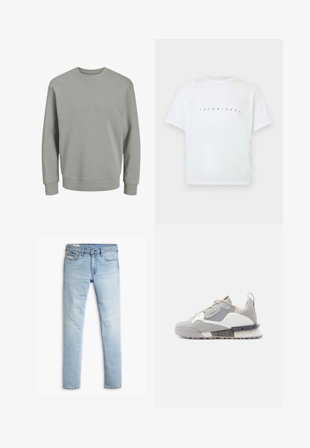 Lys grå sweatshirt lavet af blødt stof. Funktioner en ribbet rund hals, lange ærmer og tætsiddende manchetter og kant. Simpelt design uden mønstre.; Hvid kortærmet bomulds t-shirt med "JACK & JONES" trykt over brystet i små, afstandsede sorte bogstaver.; Lysblå slim-fit denimjeans med knap- og lynlås-lukning, forlommer og bæltestropper på hvid baggrund.; Grå sneaker med en blanding af mesh- og ruskindsmaterialer, lagdelt design, tyk plettet sål og kontrastdetaljer i hvid og lys beige.