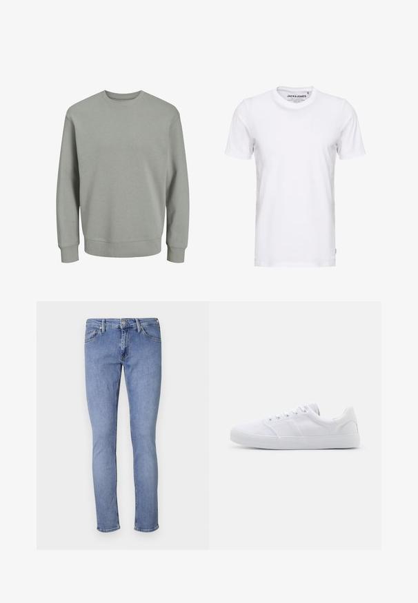 Lichtgrijze sweatshirt, gemaakt van zachte stof. Beschikt over een geribbelde ronde halslijn, lange mouwen en aansluitende manchetten en zoom. Eenvoudig ontwerp, zonder patronen.; Witte korte mouwen t-shirt van katoen, met een ronde hals en een eenvoudig ontwerp. Merktag zichtbaar op het nekgebied. Geen patronen of accenten.; Lichtblauwe denimjeans met een slim fit. Beschikt over vijf zakken, een sluiting met een voorste knoop en minimale stikdetails. Gladde textuur.; Witte canvas sneakers met een rubberen zool, voorzien van zes oogjes, een gestructureerde neuskap en een minimalistisch ontwerp.