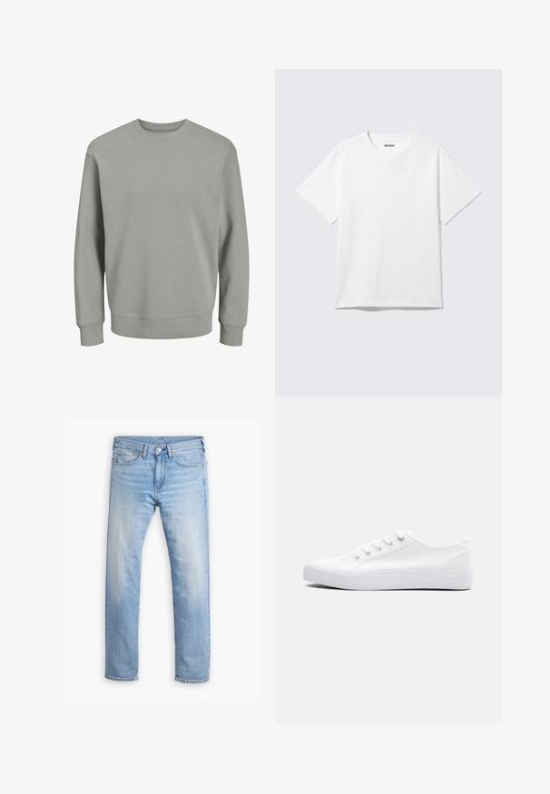Lichtgrijze sweatshirt, gemaakt van zachte stof. Beschikt over een geribbelde ronde halslijn, lange mouwen en aansluitende manchetten en zoom. Eenvoudig ontwerp, zonder patronen.; Witte T-shirt met korte mouwen en ronde hals, plat gelegd, effen ontwerp, met een "WEEKDAY" label in de kraag op een lichte achtergrond.; Lichtblauwe denim jeans met een rechte pijp, vijf zakken en een knoopsluiting. Kenmerkt zich door subtiele vervaging en oranje stikselaccenten.; Witte canvas lage sneaker met witte veters, rubberen zool en metalen oogjes, weergegeven vanaf de buitenkant tegen een effen achtergrond.