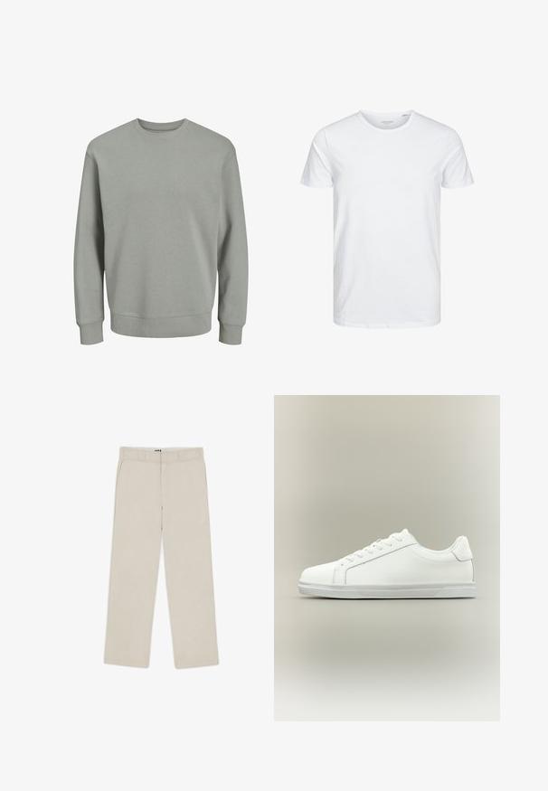 Sudadera gris claro, hecha de una tela suave. Cuenta con un cuello redondo acanalado, mangas largas y puños y dobladillo ajustados. Diseño simple, sin estampados.; Camiseta de manga corta y cuello redondo en blanco sólido, fabricada en algodón suave, presenta un diseño simple sin patrones ni acentos visibles.; Pantalones de pierna ancha color beige con una textura suave, que cuentan con pasadores para cinturón, dos bolsillos frontales y cierre con cremallera. Diseño minimalista.; Zapatilla blanca de caña baja con cordones al frente y suela de goma texturizada sobre un fondo neutro y sencillo.