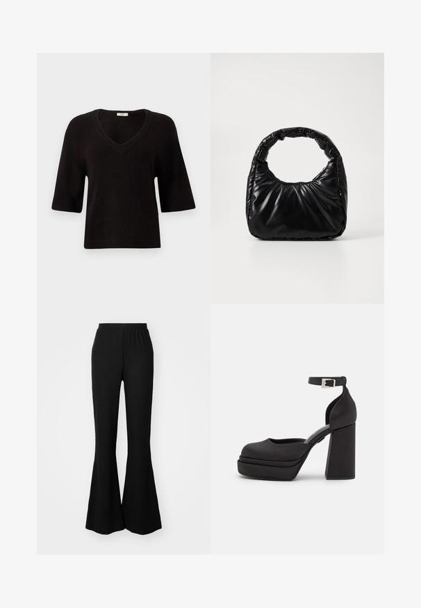 Pull en maille noir avec un col en V, des manches courtes et une coupe décontractée. Texture douce avec des accents côtelés au niveau de l'ourlet et des manches.; Pantalon noir évasé avec une taille élastique, fabriqué à partir d'un tissu texturé. Le pantalon a un haut ajusté et des jambes inférieures larges et fluides.; Des escarpins noirs à plateforme avec un bout rond, en tissu mat, un talon bloc haut, une sangle ajustable à la cheville et un subtil détail de couture.; Sac à main noir rembourré avec une poignée arrondie, présentant une surface lisse et brillante ainsi qu'une texture douce et matelassée. Pas de quincaillerie ou d'accents visibles.