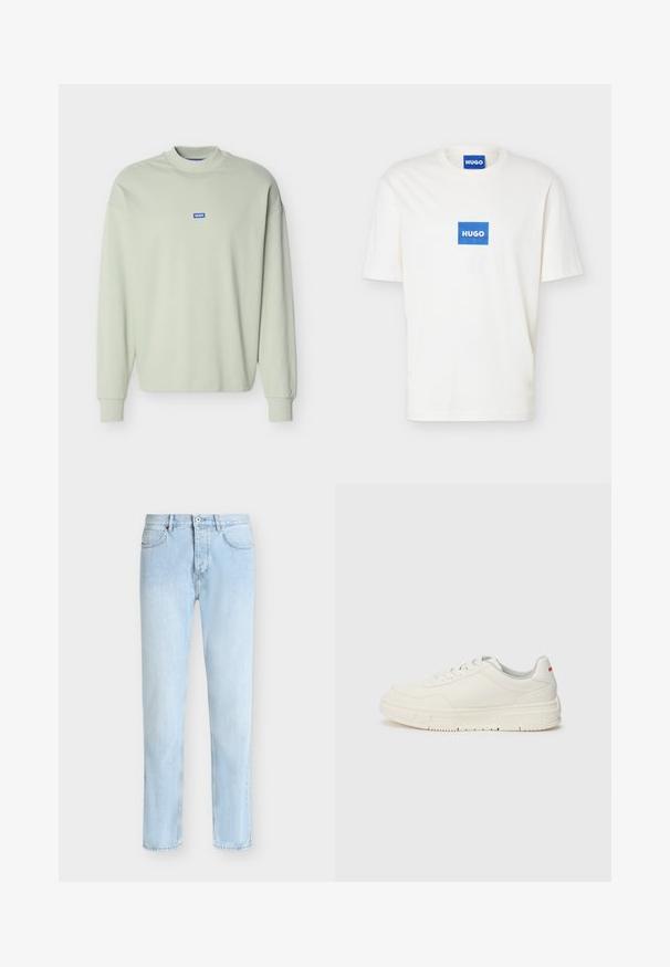 Lichtgroene lange mouw sweatshirt met geribbelde manchetten en kraag, klein blauw "HUGO" logo gecentreerd op de borst.; Witte T-shirt met korte mouwen en ronde hals, met een blauw rechthoekig logo met de tekst "HUGO" in het midden van de borst en op de binnenkant van de kraag.; Lichtblauwe rechte spijkerbroek met vijf zakken, riemlussen en een knoop- en ritssluiting aan de voorkant.; Witte sneakers met een glad leren bovenwerk, ronde neus, platte veters en een gestructureerde rubberen zool. Een rode accent op de hiel.