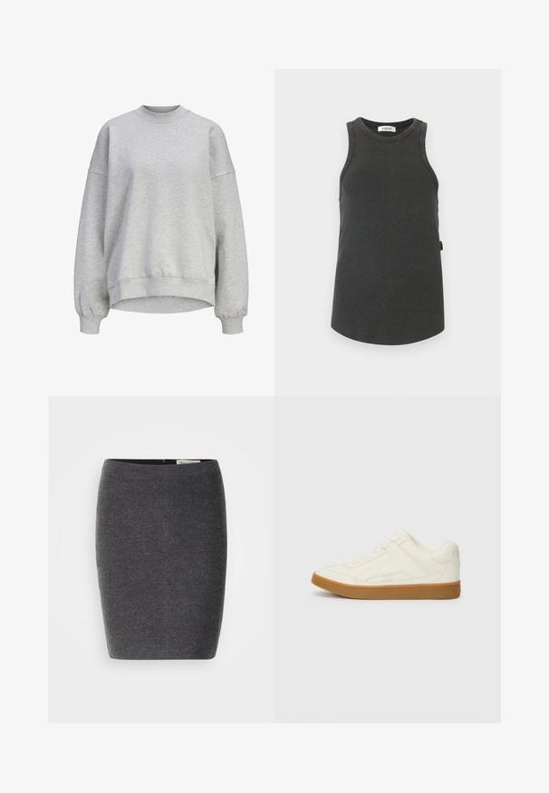 Lysegrå langærmet sweatshirt med ribstrikkede manchetter, ribstrikket rund hals og en lidt længere bagkant.; Mørkegrå ribbet ærmeløs tanktop med rund hals og mærkelabel "Replay" syet indeni kraven.; Grå uld blyantskirt med en glat tekstur og tætsiddende design, med en diskret talje og uden synlige udsmykninger.; Hvide læder sneakers med lav profil, rund tå og struktureret overflade. Har en gummisål i naturgummi og diskrete syninger.