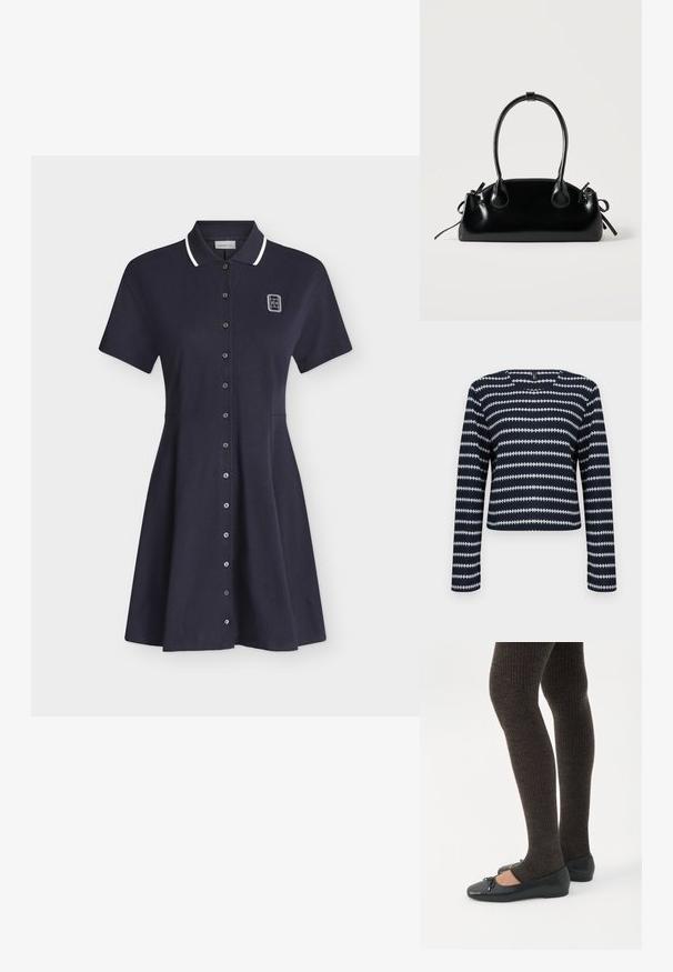 Pull à manches longues bleu marine et blanc avec un motif à rayures zigzag horizontales et un col rond sur un fond uni.; Robe polo bleu marine à manches courtes avec bordure blanche au col, fermeture à boutons sur le devant et petit logo blanc sur la partie supérieure gauche de la poitrine.; Jambes portant des leggings côtelés foncés associés à des ballerines noires avec de petits détails en nœud sur fond blanc.; Petit sac à main noir brillant avec deux longues anses et des détails à cordon sur les côtés sur un fond clair uni.