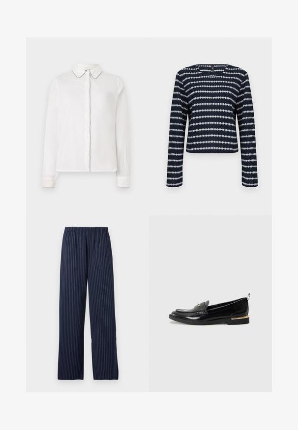 Marineblauwe en witte trui met lange mouwen, voorzien van horizontale zigzagstrepen en een ronde hals, tegen een effen achtergrond.; Witte blouse met lange mouwen, een puntige kraag en contrasterende rand langs de randen, met knopen aan de voorkant. Eenvoudig en elegant ontwerp.; Marineblauwe wijde broek met een streeppatroon, voorzien van een elastische tailleband en een zachte textuur.; Zwarte lakleren loafers met een afgeronde neus, een decoratieve band en een gouden accent op de hak. Gladde textuur met gestikte details.