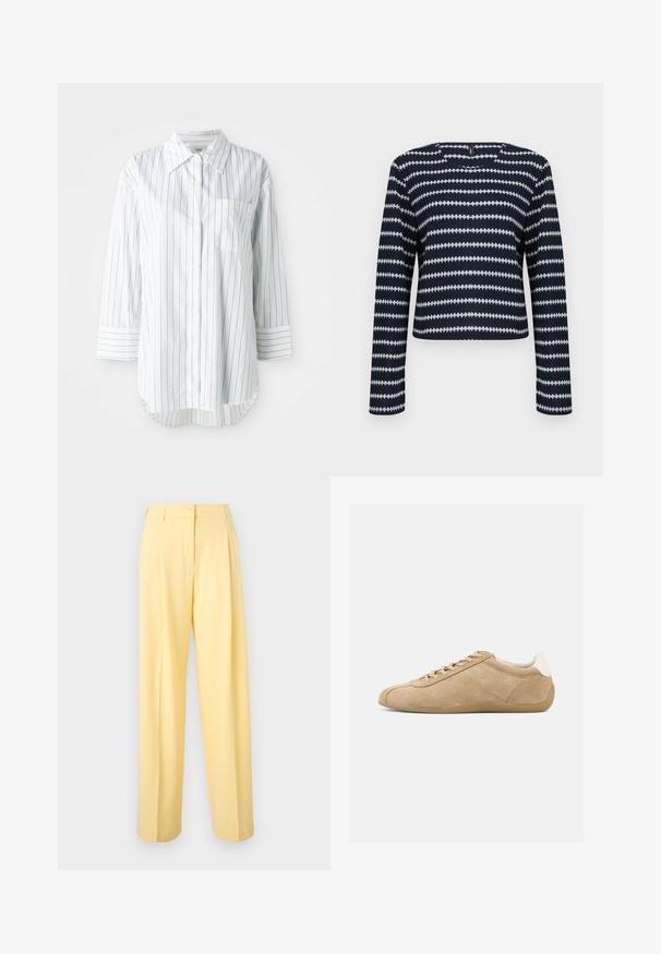 Pull à manches longues bleu marine et blanc avec un motif à rayures zigzag horizontales et un col rond sur un fond uni.; Chemise blanche à manches longues avec des fines rayures verticales noires, une poche sur la poitrine gauche et un col pointu.; Pantalon taille haute jaune clair avec fermeture par bouton et zip, coupe droite jambes larges et devant plat.; Baskets en daim beige avec une texture lisse, un bout arrondi, un design à lacets léger et un accent talon blanc contrastant. Semelle en caoutchouc flexible.