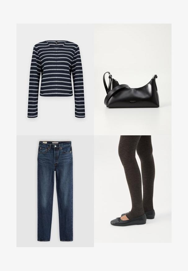 Marineblauwe en witte trui met lange mouwen, voorzien van horizontale zigzagstrepen en een ronde hals, tegen een effen achtergrond.; Diepblauwe rechte jeans met vijf zakken, knoop- en ritssluiting, en contrasterende stiksels.; Benen met donkere geribbelde leggings gecombineerd met zwarte ballerina's met kleine strikdetails op een witte achtergrond.; Zwarte leren handtas met een gladde textuur. Beschikt over een verstelbare schouderband en een strak, minimalistisch ontwerp met een ritssluiting.