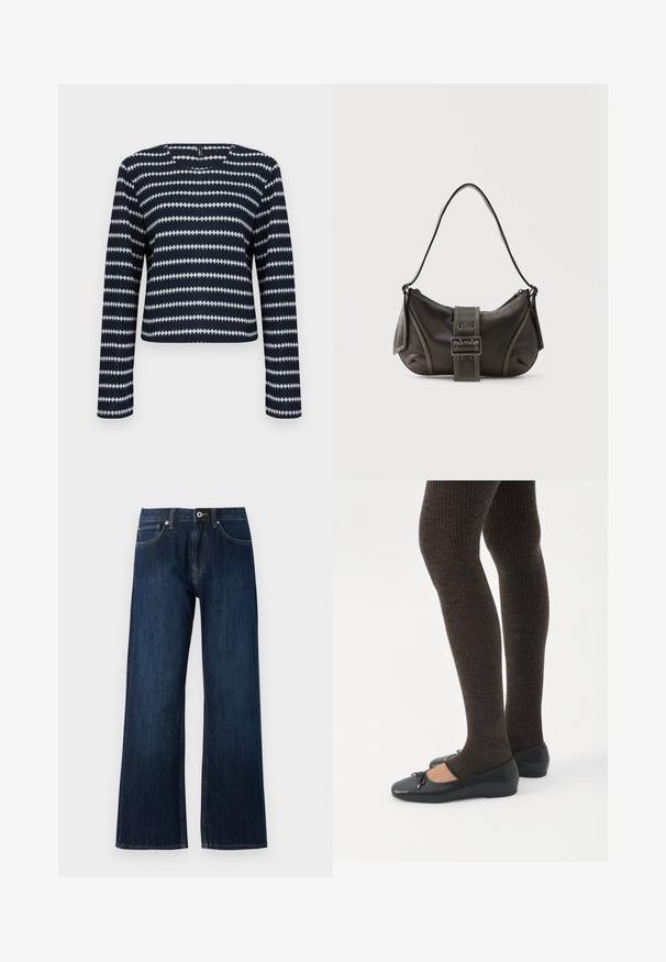 Pull à manches longues bleu marine et blanc avec un motif à rayures zigzag horizontales et un col rond sur un fond uni.; Jeans en denim bleu foncé à jambe large, avec une fermeture éclair, un bouton, et deux poches avant avec des coutures contrastantes.; Jambes portant des leggings côtelés foncés associés à des ballerines noires avec de petits détails en nœud sur fond blanc.; Sac à épaule en cuir noir avec une sangle à boucle, des bords arrondis et des coutures blanches contrastées sur un fond uni.