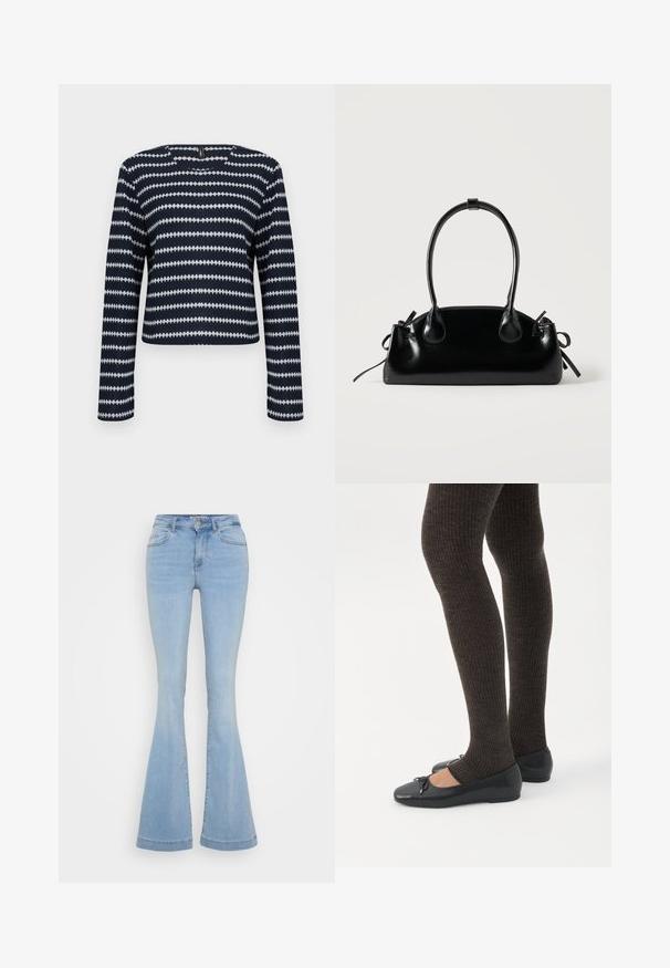 Langærmet marineblå og hvid mønstret sweater med vandrette zigzagstriber og rund halsudskæring på en ensfarvet baggrund.; Lyseblå, flagrende jeans lavet af denim, med høj talje, fem lommer og kontraststing langs sømmene.; Ben iført mørke ribbede leggings kombineret med sorte balletsko med små sløjfedetaljer på hvid baggrund.; Lille sort blank håndtaske med to lange håndtag og snøre-detaljer i siden på en ensfarvet lys baggrund.