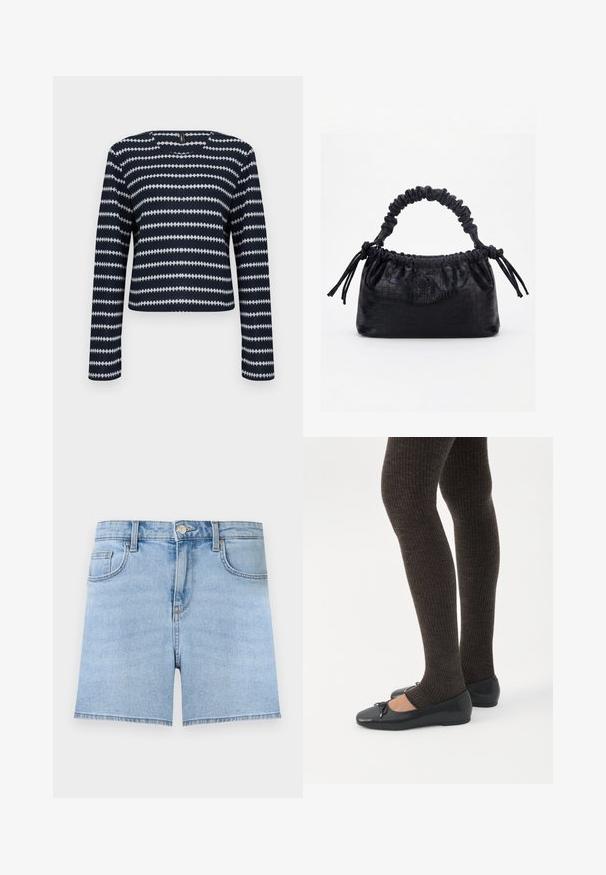 Pull à manches longues bleu marine et blanc avec un motif à rayures zigzag horizontales et un col rond sur un fond uni.; Short en jean bleu clair avec bouton à l'avant, fermeture éclair, passants de ceinture et design cinq poches sur un fond uni.; Jambes portant des leggings côtelés foncés associés à des ballerines noires avec de petits détails en nœud sur fond blanc.; Sac à main noir avec texture crocodile, bord supérieur froncé, poignée plissée et pompons à cordon de chaque côté sur fond blanc.