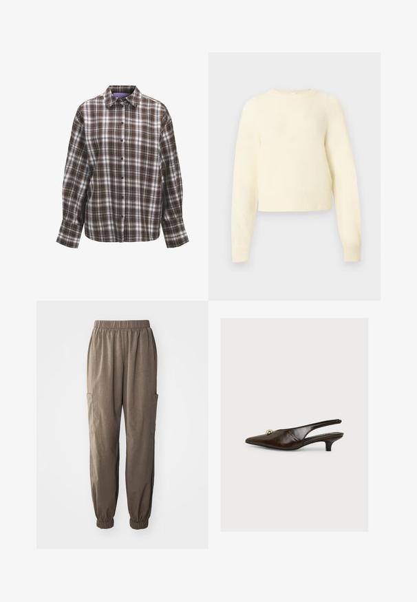 Kremfarvet, kort sweater lavet af blødt, fluffy materiale med lange ærmer, ribbede manchetter og rund halsudskæring.; Brun og hvid ternet skjorte med krave, lange ærmer og knaplåsning foran. Har et tjekkermønster med varierende stripebredder og tekstur.; Løs pasform cargo bukser i brunt stof, med elastisktalje, samlet manchetter og sidelommer for funktionalitet.; Mørkebrun patentlæder slingback-hæl med spids tå, lille guldfarvet dekorativ bold og lav kittenhæl, vist på en ensfarvet hvid baggrund.