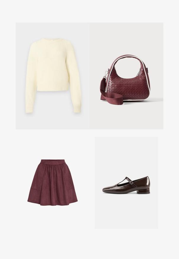 Kremfarvet, kort sweater lavet af blødt, fluffy materiale med lange ærmer, ribbede manchetter og rund halsudskæring.; Bordeaux ruskindsnederdel med en flagrende form, elastisk talje og to sidelommer, der har en blød tekstur og minimalistisk design.; Brune Mary Jane-sko i laklæder med en rundet tå, udskæringsdesign og justerbar rem. Lav blokhæl.; Mørkerød vævet lædertaske med buet hank, hvid kant, sølv lynlås og aftagelig bred stofskulderrem mod en ensfarvet baggrund.