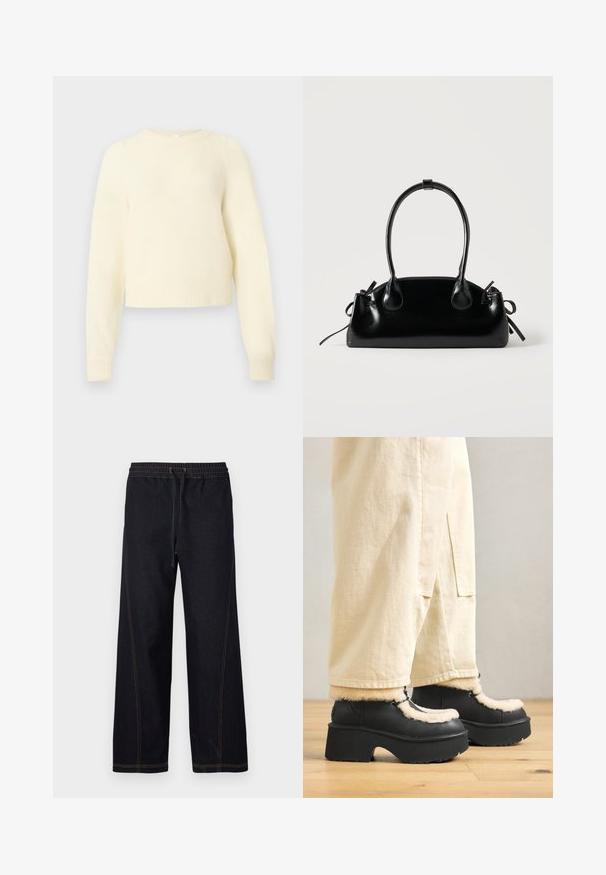 Kremfarvet, kort sweater lavet af blødt, fluffy materiale med lange ærmer, ribbede manchetter og rund halsudskæring.; Mørke denimbukser med vidde ben med elastik i taljen og snøre, kontrasterende orange syninger samt lige og rene linjer.; Sorte platformstøvler med en rund tå, der har en fluffy cremefarvet krave og snøre detaljer, parret med løse beige bukser på et trægulv.; Lille sort blank håndtaske med to lange håndtag og snøre-detaljer i siden på en ensfarvet lys baggrund.