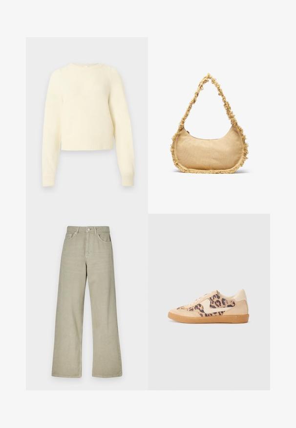 Kremfarvet, kort sweater lavet af blødt, fluffy materiale med lange ærmer, ribbede manchetter og rund halsudskæring.; Khaki bredde ben jeans lavet af bomuldsblanding. Har en knaplukning, fem lommer og en ren, struktureret stofoverflade.; Leopardprint sneakers med beige ruskindsoverdel, tan gummisål og hvide detaljer. Rund pegefinger og snørebåndsdesign med en tekstureret finish.; Struktureret beige taske med en rund form, frynset kant langs kanterne og en kort rem til at bære. Lynlåsåbning på toppen.