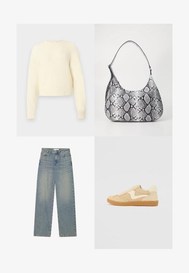 Kremfarvet, kort sweater lavet af blødt, fluffy materiale med lange ærmer, ribbede manchetter og rund halsudskæring.; Lyseblå højtaljede lige ben jeans i denim med forlommer, bæltestropper og synlig knap- og lynlåslukning.; Beige sneakers med ruskind og mesh-materialer, rund form, fremtrædende polstret krave og en gummikondisko. Har et bølge-design som accent.; Sort-hvid slangemønster skuldertaske med en rund form, glat tekstur og en buet rem. Har et sølvfarvet hardware-accents.