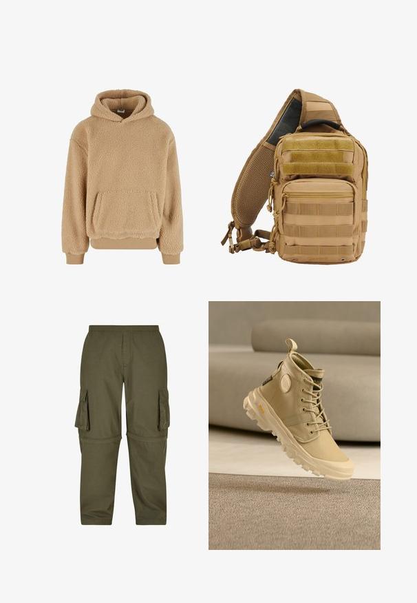 Beige Fleece-Hoodie mit weicher Textur, Kängurutasche, weiten Ärmeln sowie geripptem Saum und Bündchen.; Olivgrüne Cargo-Hosen aus leichtem Material, mit mehreren Seitentaschen, einem elastischen Bund und einem geraden Schnitt.; Beige High-Top-Sneaker aus Canvas, mit einem runden Logo-Detail, Schnürdesign und robuster Sohle mit sichtbaren Profilmustern.; Taktischer Rucksack in Tan mit mehreren Taschen, Gurtbändern, gepolstertem Mesh-Rücken, Reißverschlüssen und verstärkten Nähten für Langlebigkeit.
