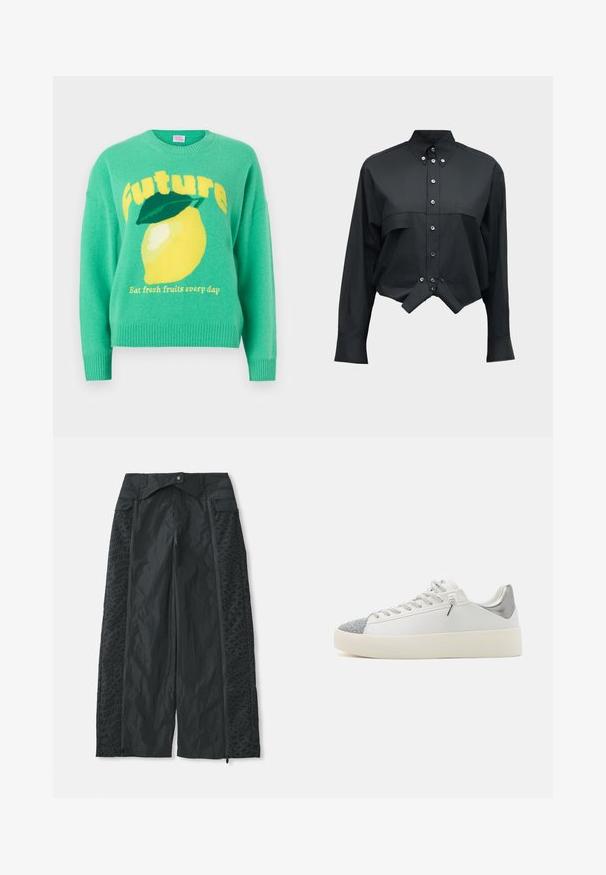 Grøn strikket sweater med en stor gul citron og blad, gul tekst "Future" og mindre tekst "Spis friske frugter hver dag."; Sort, langærmet skjorte med knapper foran, kort spids kant og knaplukket krave på ensfarvet baggrund.; Sort brede bukser lavet af letvægtsmateriale, der har teksturerede mønstre på siderne og lynlåsåbninger ved kanten.; Hvide sneakers med sølvglitrende tåhætte, sølvfarvet hælforstærkning, snørebåndsdesign og tekstureret platformssål.