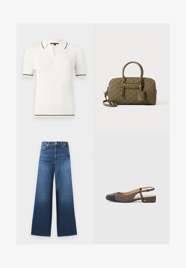 Wit ribgebreid poloshirt met korte mouwen, met bruine afwerking op de kraag, manchetten en zoom, voorzien van een kleine V-halsopening.; Blauwe denim jeans met hoge taille en wijde pijpen, voorzien van knoop- en ritssluiting aan de voorkant, riemlussen en vervaagde wasdetails.; Slingback schoen met een bruine gestreepte stoffen bovenkant en een zwarte leren neus. Heeft een kleine blokhak en een gespstrap.; Olijfgroene Michael Kors handtas met reliëf logo patroon, twee handvatten, voorvak met rits en afneembare schouderriem op witte achtergrond.