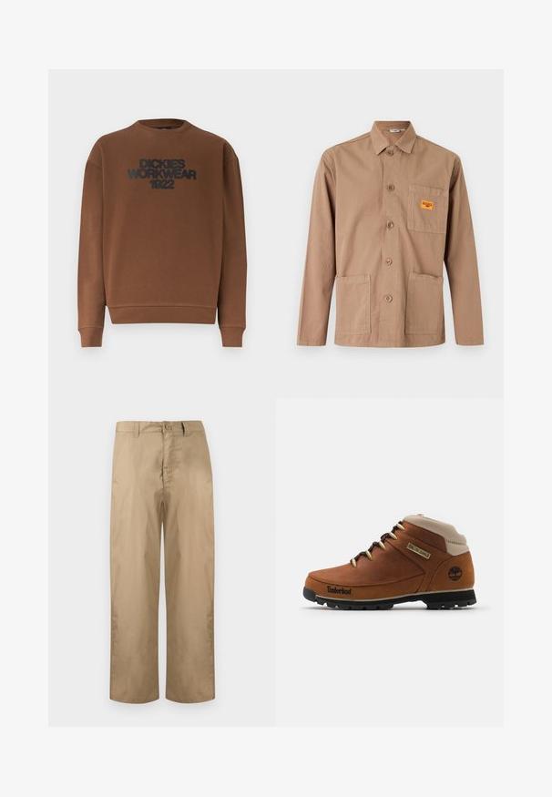 Hnedá mikina s dlhými rukávmi a okrúhlym výstrihom so žebrovanými manžetami a lemom, na prednej strane potlačený čierny nápis "DICKIES WORKWEAR 1922".; Béžová bunda na gombíky s dlhým rukávom, golierom, tromi prednými vreckami a malou oranžovou záplatou na náprsnom vrecku.; Béžové nohavice rovného strihu s pútkami na opasok, zapínaním na gombík a zipsom, zobrazené na jednoduchom svetlom pozadí.; Hnedé kožené turistické topánky s béžovým golierom, čiernou kaučukovou podrážkou a zlatými očkami. Na boku sa nachádza logo Timberland.
