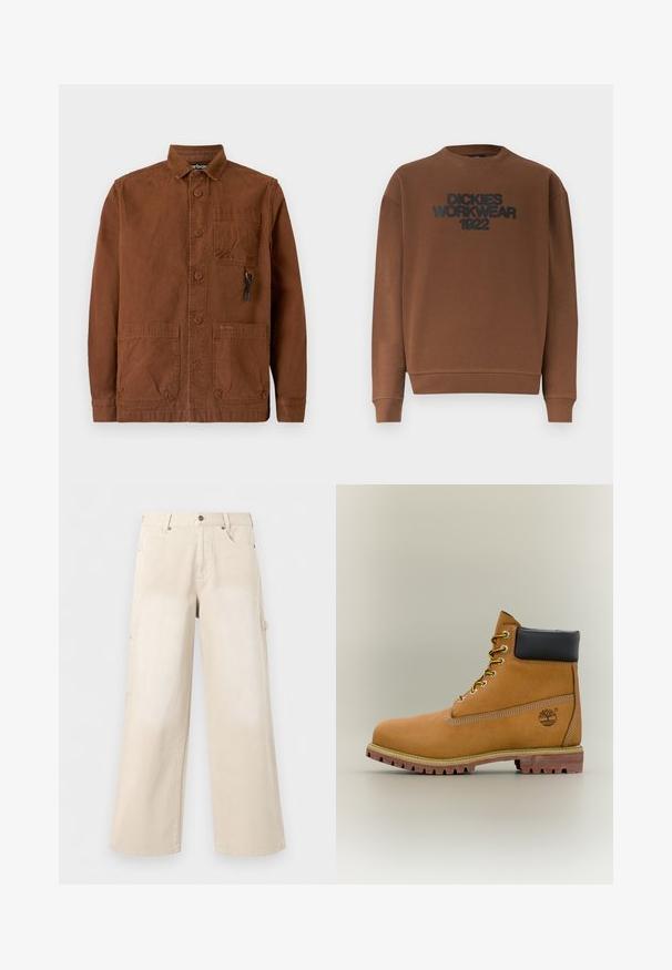 Sweat-shirt marron à manches longues avec col rond, poignets et ourlet côtelés, affichant le texte "DICKIES WORKWEAR 1922" en noir sur la poitrine.; Veste marron en toile avec col, boutons sur le devant, deux poches plaquées à l'avant et un petit logo sur la poche inférieure.; Pantalon beige à jambes larges avec poches avant, fermeture par boutons et passants de ceinture, présenté sur un fond blanc uni.; Bottine en cuir marron avec col noir, lacets jaunes et semelle beige. Présente un logo et des détails de couture blanche. Semelle extérieure à traction robuste.