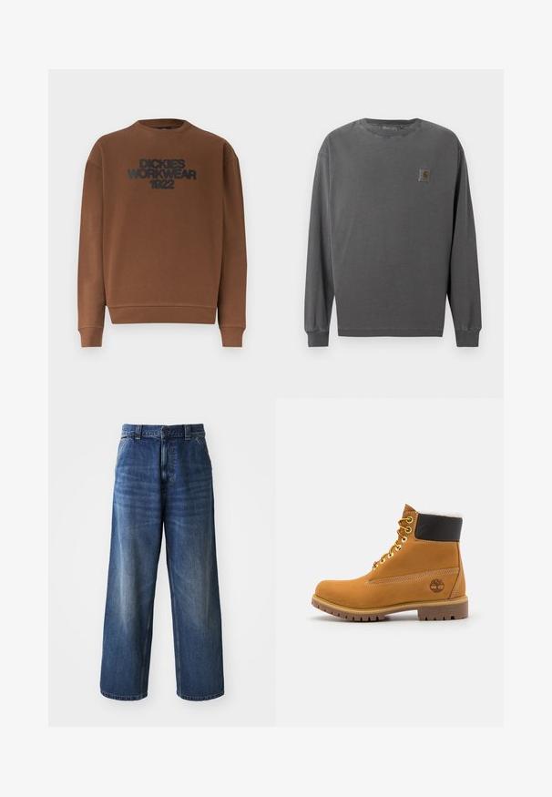Brun langærmet crewneck-sweatshirt med ribstrikkede ærmeafslutninger og kant, med teksten "DICKIES WORKWEAR 1922" i sort på brystet.; Langærmet skjorte i mørkegrå bomuld. Har rund hals, elastiske manchetter og en lille firkantet logo-patch på venstre bryst.; Højtaljede blå denimjeans med vid benvidde, der har subtil falming, forlommer og en knaplukning i taljen.; Brune læder ankelstøvle med metaløjer, hvid pelsforing, sort polstret krave, robust sål og præget logo på siden.