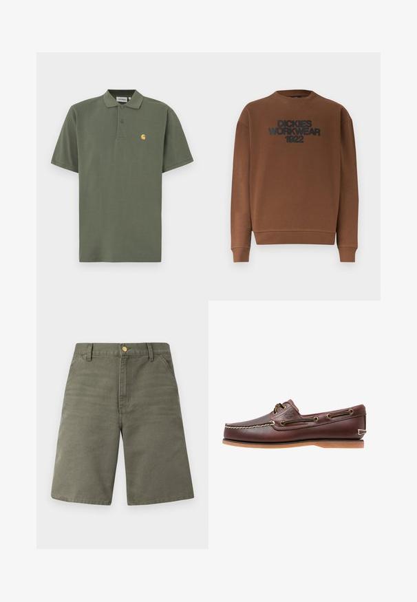 Sweat-shirt marron à manches longues avec col rond, poignets et ourlet côtelés, affichant le texte "DICKIES WORKWEAR 1922" en noir sur la poitrine.; Polo vert olive en coton, avec un col à revers, deux boutons et un petit logo jaune sur le côté gauche de la poitrine. Manches courtes.; Shorts mi-longueur couleur vert olive avec poches avant, passants pour ceinture et fermeture par un bouton doré sur un fond clair uni.; Chaussure bateau en cuir marron avec coutures blanches, détails de lacets et semelle en caoutchouc beige, vue de côté sur fond blanc.