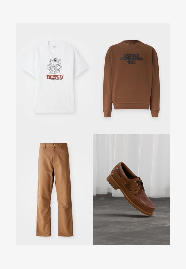 Bruine lange mouwen sweater met ronde hals, voorzien van geribbelde manchetten en zoom, met de tekst "DICKIES WORKWEAR 1922" in zwart op de borst.; Witte katoenen t-shirt met een cartoonafbeelding van twee figuren die basketbal spelen, met "FAIRPLAY" in rode tekst onder het ontwerp.; Bruine rechte broek met riemlussen, voorkant zakken, knoopsluiting en rits op een witte achtergrond.; Bruine leren bootschoen met zwarte veters, beige stiksel en een robuuste zool, zwevend boven een grijze betonnen vloer.
